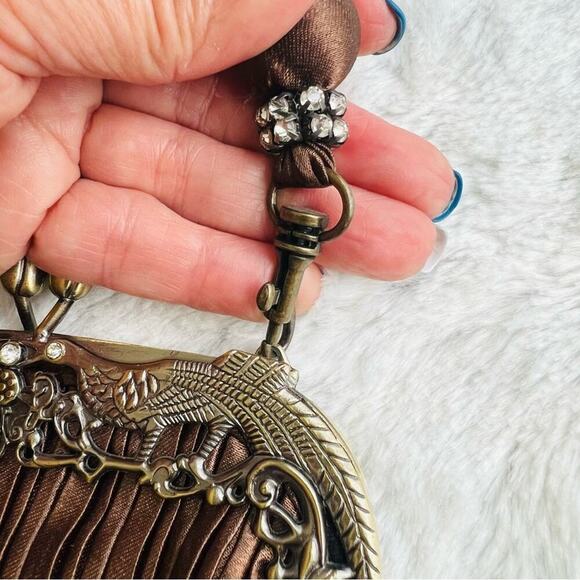 Silk Satin Evening Handbag Retro Vintage with Pearl like Handle - Picture 10 of 12